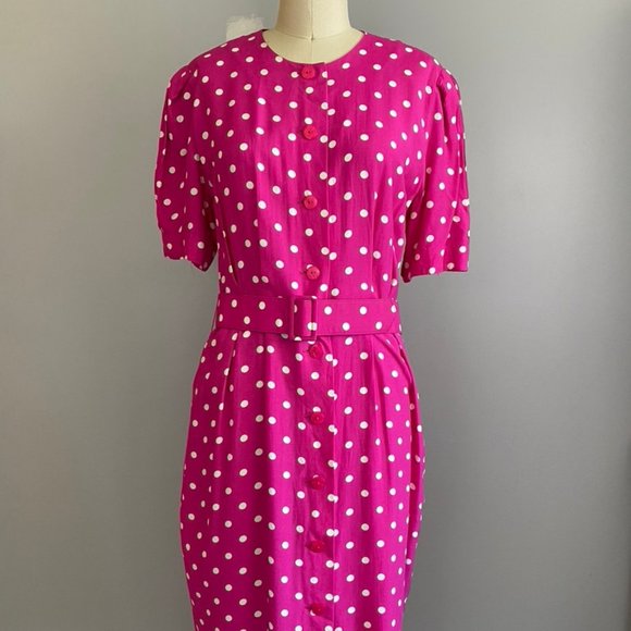 Vintage Ms. Chaus Pink Polka Dot Belted Dress - Picture 1 of 8